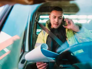 man sat on the phone in van