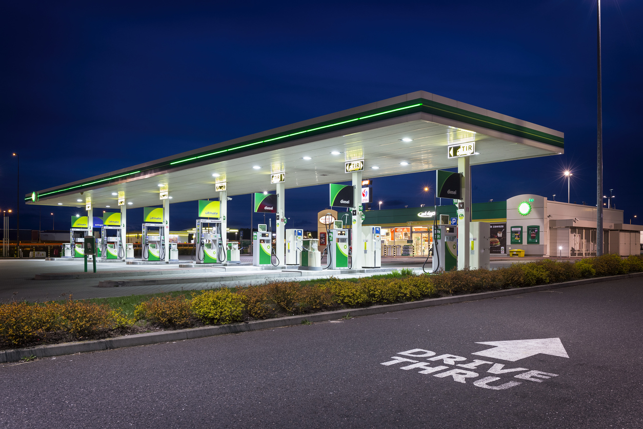 BP petrol station at night